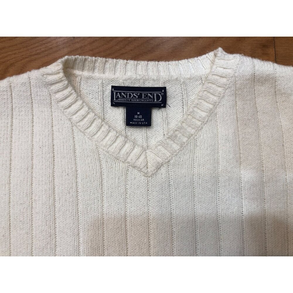 Lands End Vintage V-Neck Ribbed Knit Cream Sweater Size M (38-40R)